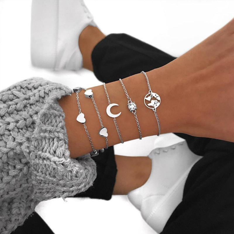 Multi-layer Gold-plated Heart and Moon Bracelet Set for Women