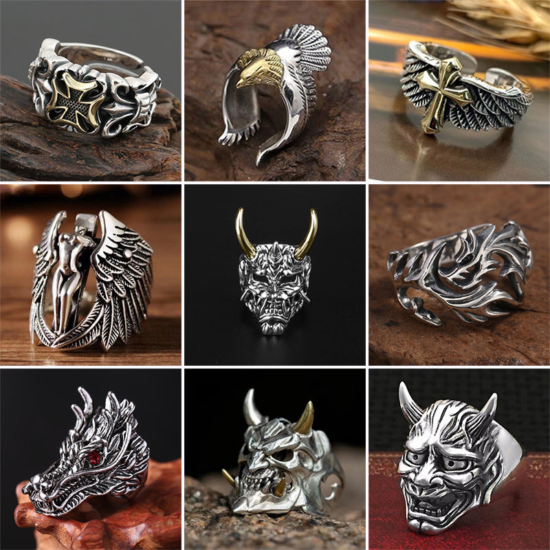 Retro Punk Cross Eagle Dragon Alloy Men's Open Ring - Vintage Hip Hop Style Chinese Inspired Ring