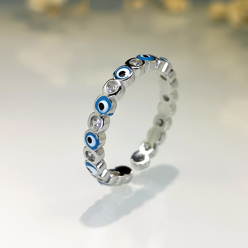 Fashion Jewelry Copper Ring with Micro-inlaid White Zircon and Enamel Evil Eye Design