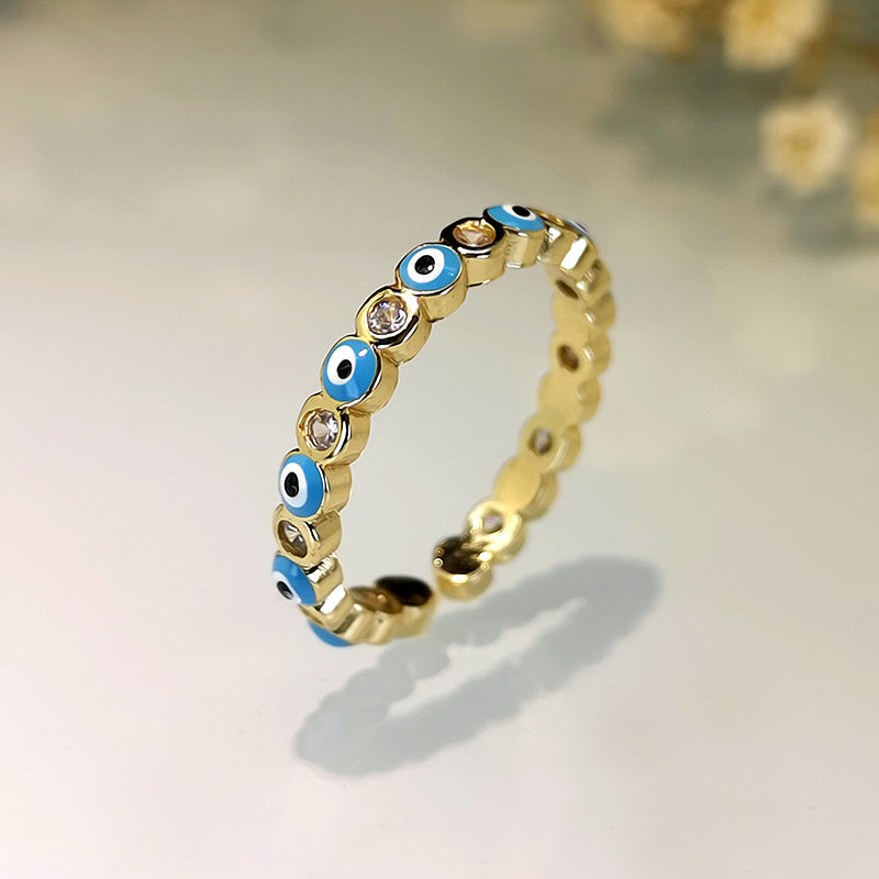 Fashion Jewelry Copper Ring with Micro-inlaid White Zircon and Enamel Evil Eye Design