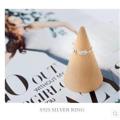 S925 Sterling Silver Feather Leaf Adjustable Ring for Women