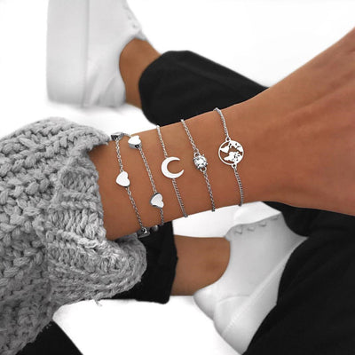 Multi-layer Gold-plated Heart and Moon Bracelet Set for Women