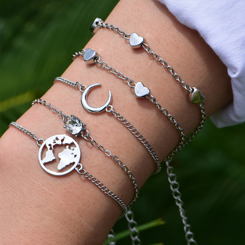 Multi-layer Gold-plated Heart and Moon Bracelet Set for Women