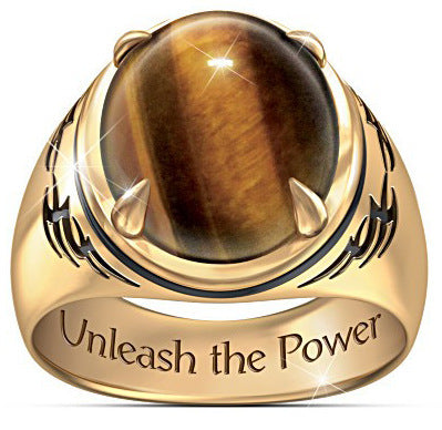 24K Gold Plated Natural Tiger's Eye Tribal Etched Men's Ring