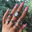 Retro Geometric Alloy Inlay Opal Gemstone Ring Set - 8 Pieces