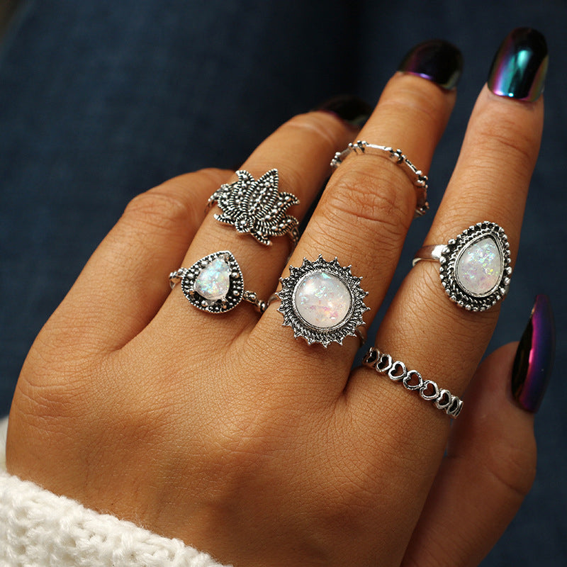 Retro Geometric Alloy Inlay Opal Gemstone Ring Set - 8 Pieces