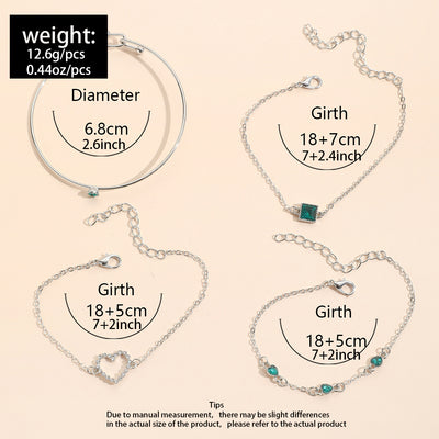 Sweet Streetwear Square Heart Gemstone Metal Bracelet Set - 4 Pieces